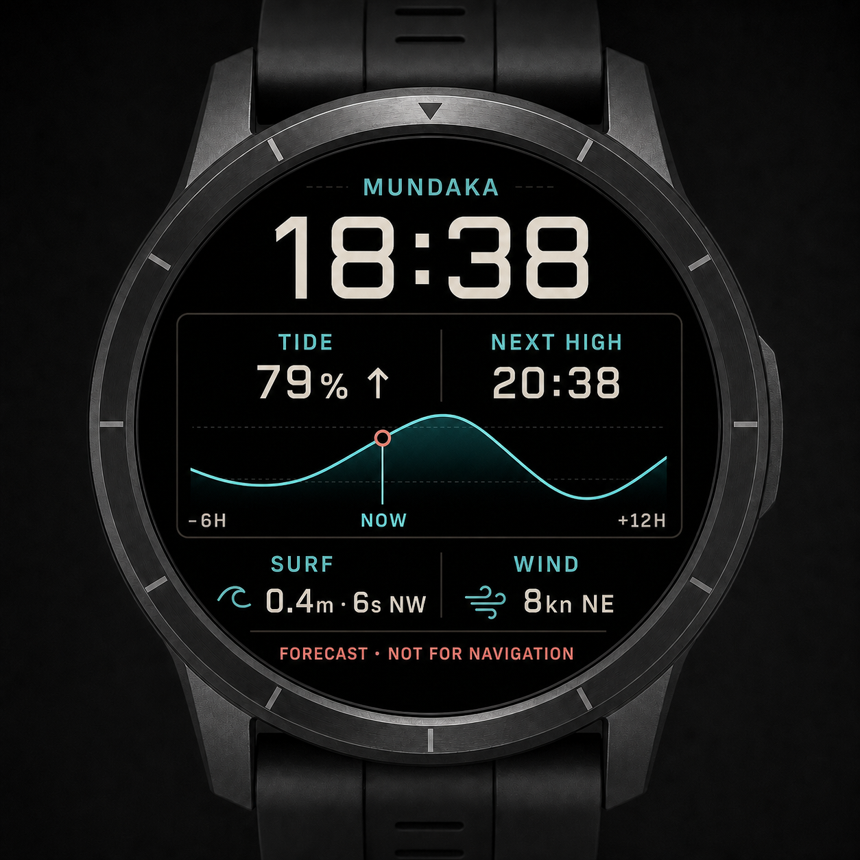 Tideglass Surf watch face showing live tide, swell and wind conditions for Mundaka